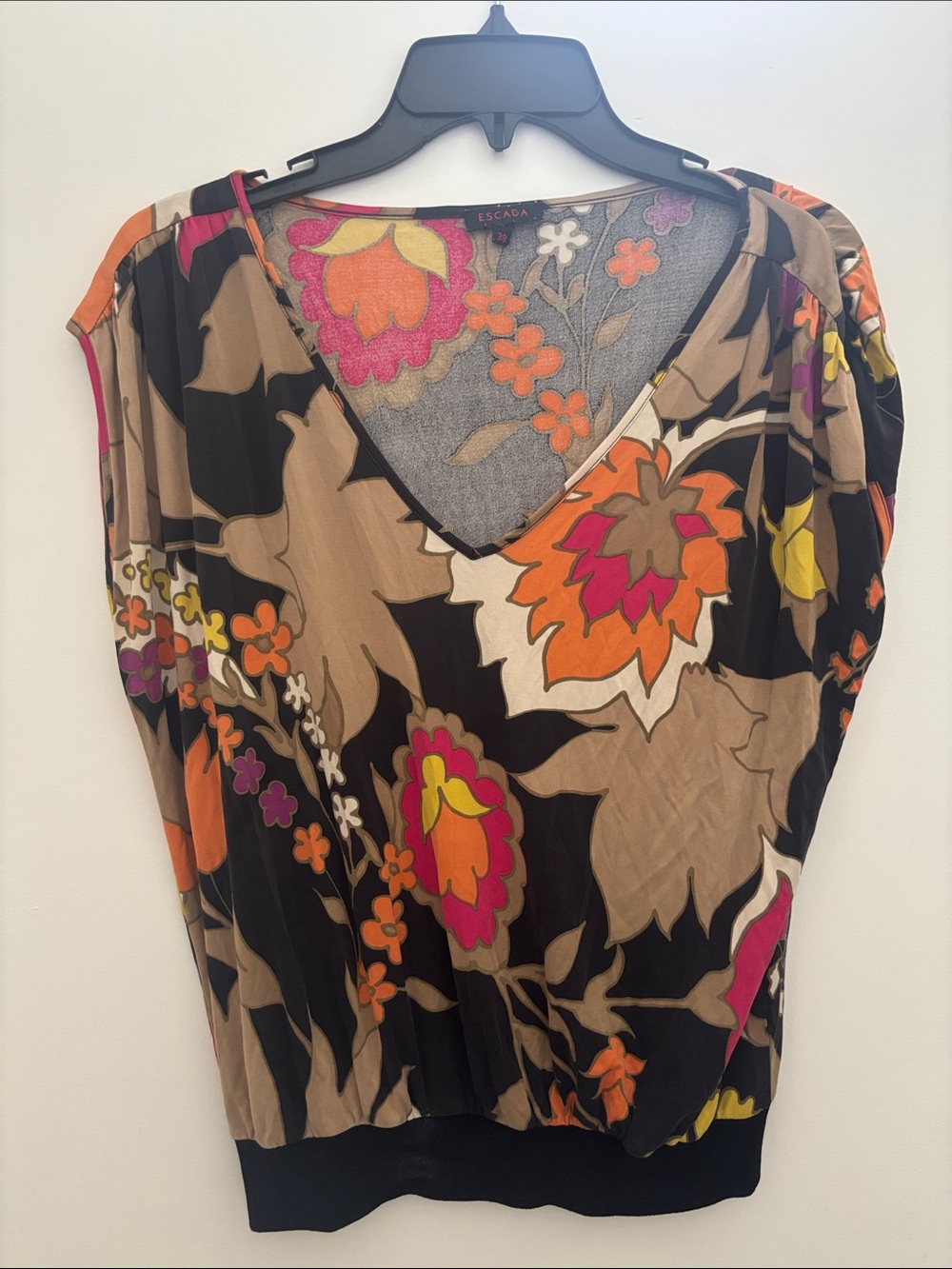 Escada Black Floral V-Neck Blouse with Orange, Pink and Yellow Accents